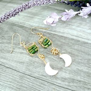Crescent Moon Iridescent Beaded Dangle Drop Earrings, Celestial Moons Lunar